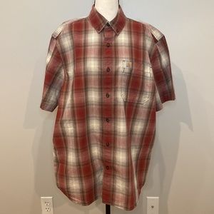 Mens Carhartt relaxed fit short sleeve red brown plaid button down performance L
